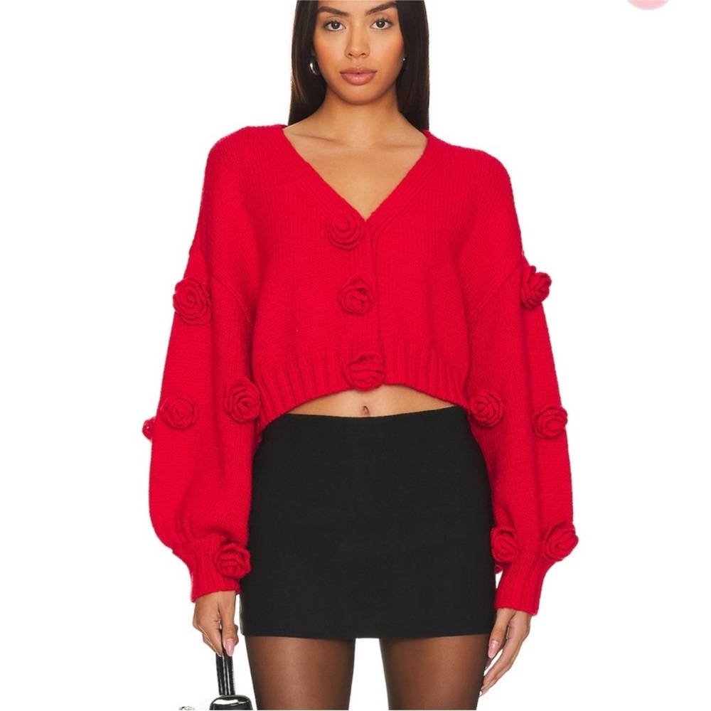 For Love And Lemons Bright Red Cropped Rose-Appliqué V-Neck Cardigan